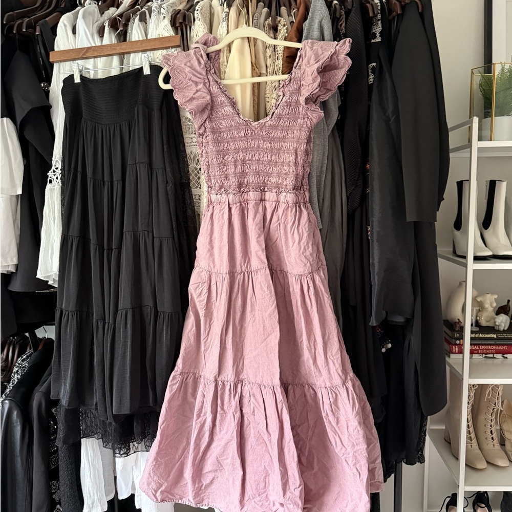 Sea New York Pink Smocked Flutter Sleeve Midi Dress